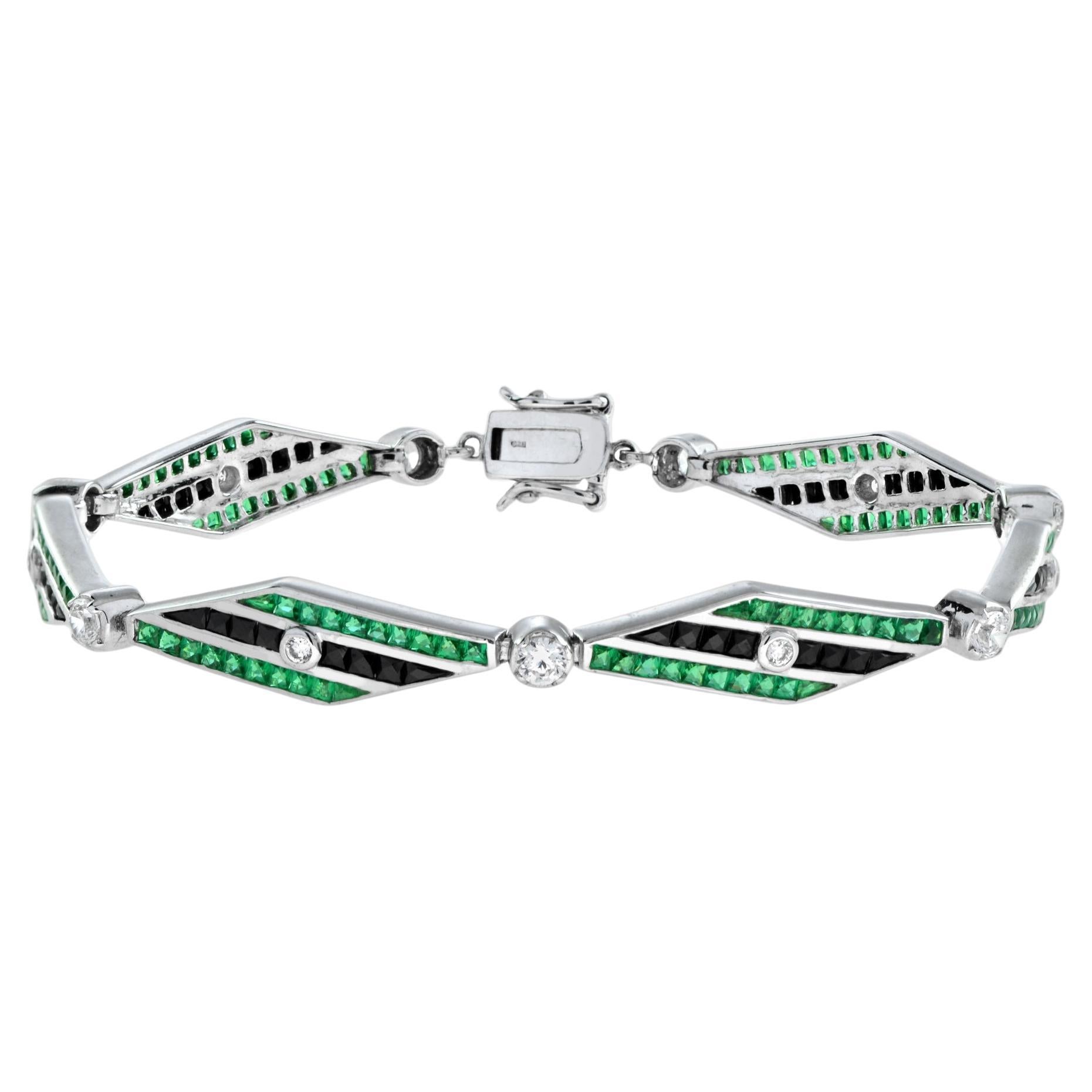 Art Deco Inspired Style Diamond & Emerald Onyx 14K White Gold Bracelet