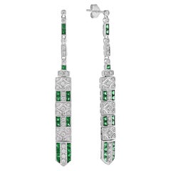 Art Deco Inspired Style Green Emerald & Diamond Drop Dangle White Gold Earrings