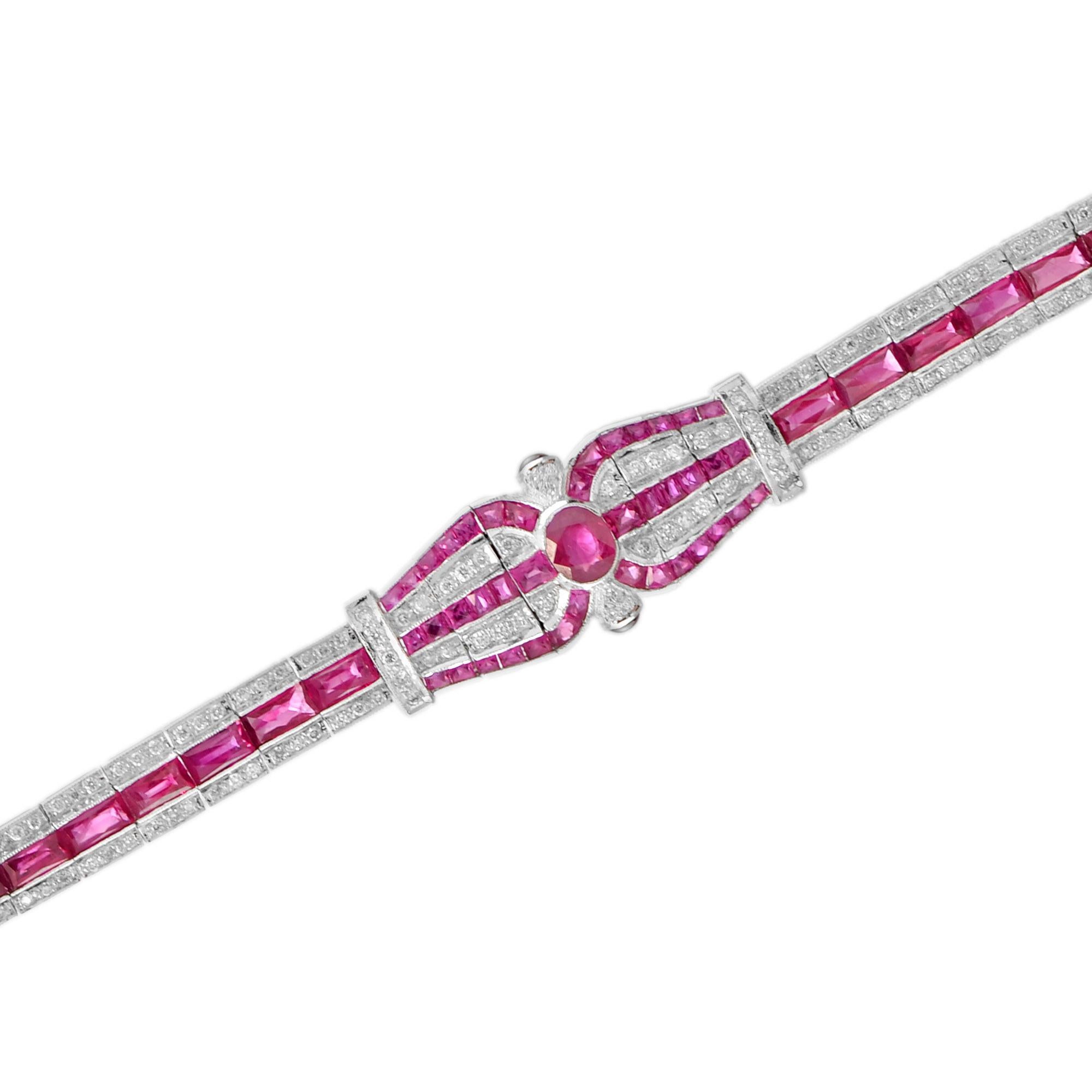 This stunning, fine and impressive antique style ruby bracelet with diamonds is crafted in 18k white gold. The fully articulated bracelet is composed of 71 rubies and 233 round brilliant diamonds. This wonderful piece is a must-have for any Art Deco
