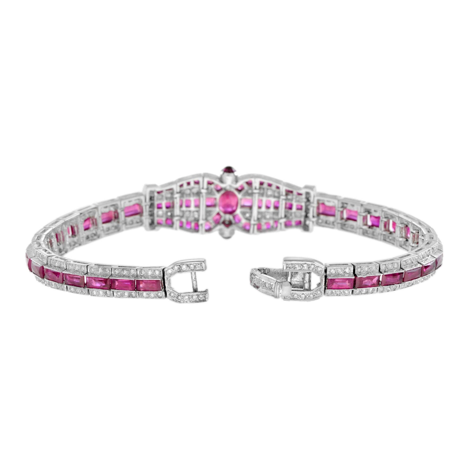 Art Deco Inspired Style Pink Red Ruby & Diamond Unique 18K White Gold Bracelet (Art déco) im Angebot