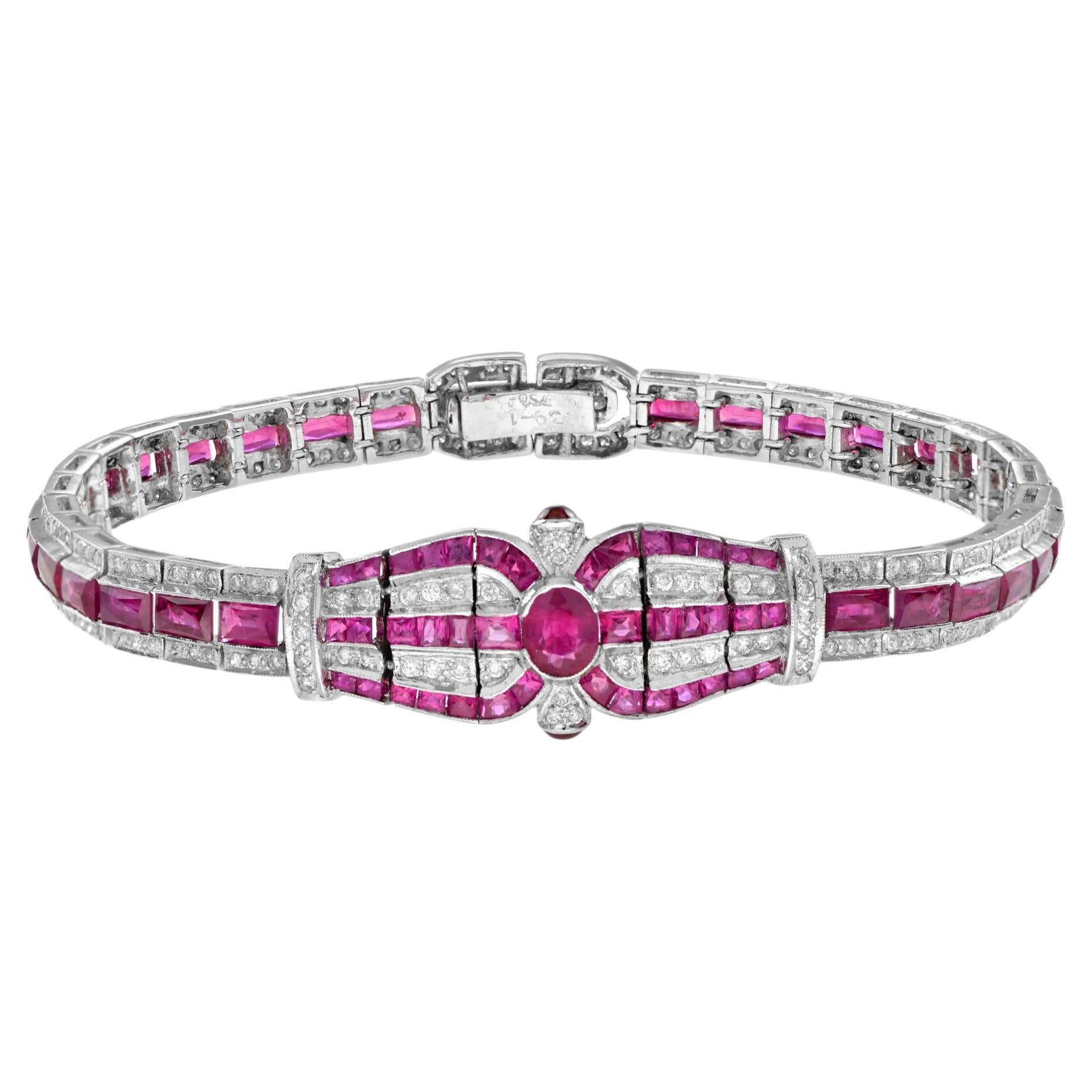 Art Deco Inspired Style Pink Red Ruby & Diamond Unique 18K White Gold Bracelet