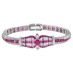Art Deco Inspired Style Pink Red Ruby & Diamond Unique 18K White Gold Bracelet