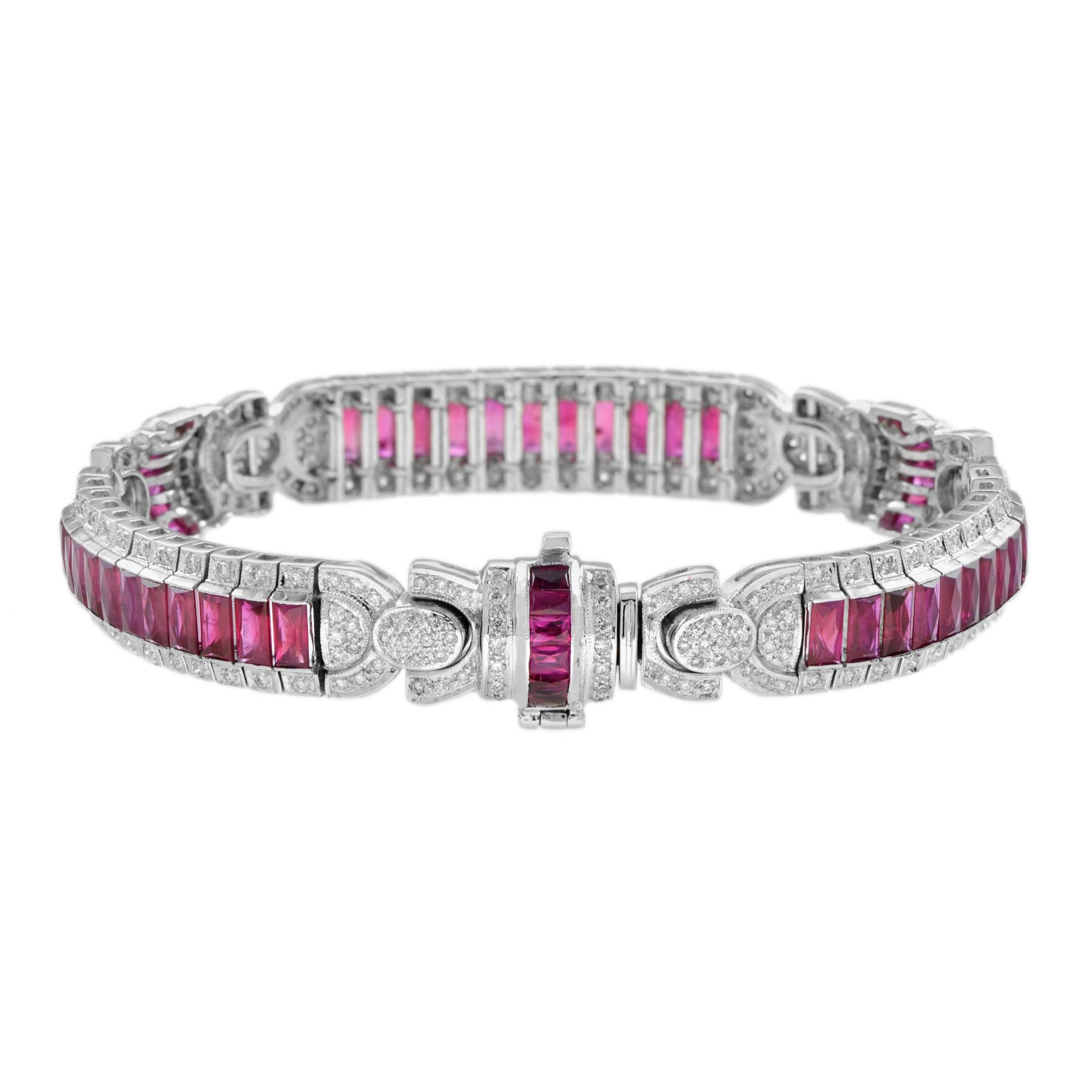 Art Deco Inspired Style Red Pink Ruby & Diamond 18K White Gold Unique Bracelet (Art déco) im Angebot