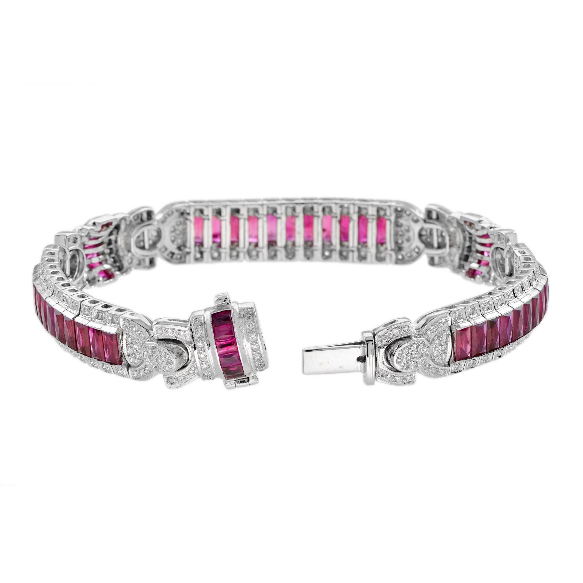 Art Deco Inspired Style Red Pink Ruby & Diamond 18K White Gold Unique Bracelet (Baguetteschliff) im Angebot