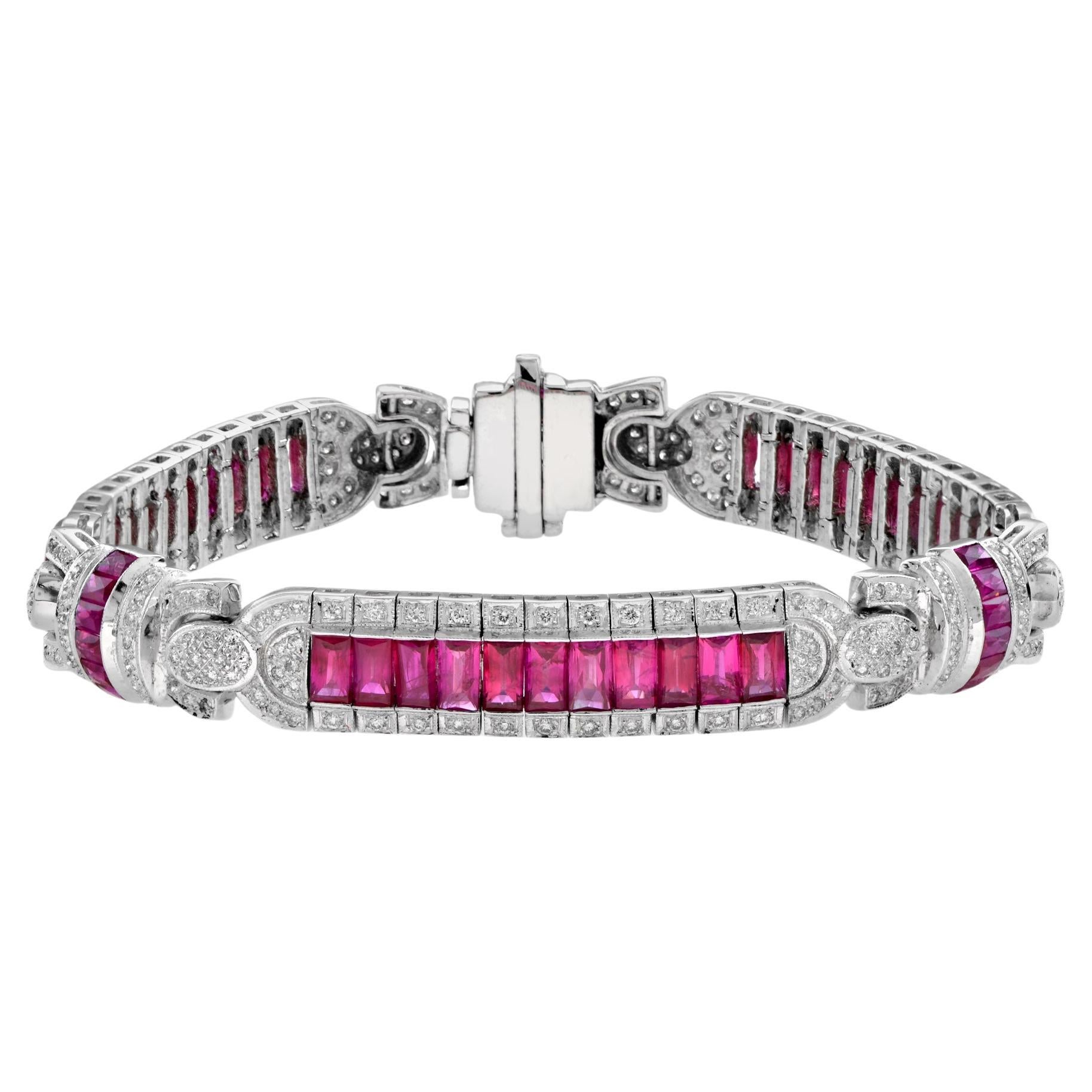 Art Deco Inspired Style Red Pink Ruby & Diamond 18K White Gold Unique Bracelet
