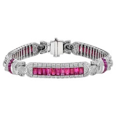 Art Deco Inspired Style Red Pink Ruby & Diamond 18K White Gold Unique Bracelet