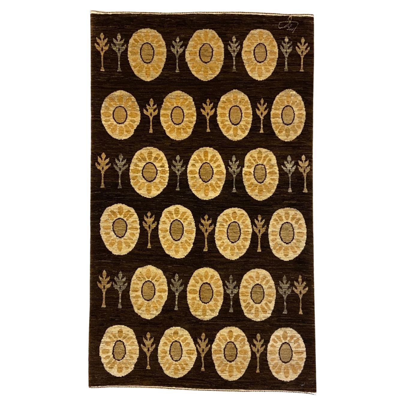 Art Deco-Inspired Tan and Brown Wool Persian Rug with Tribal Motifs, 3' x 5'