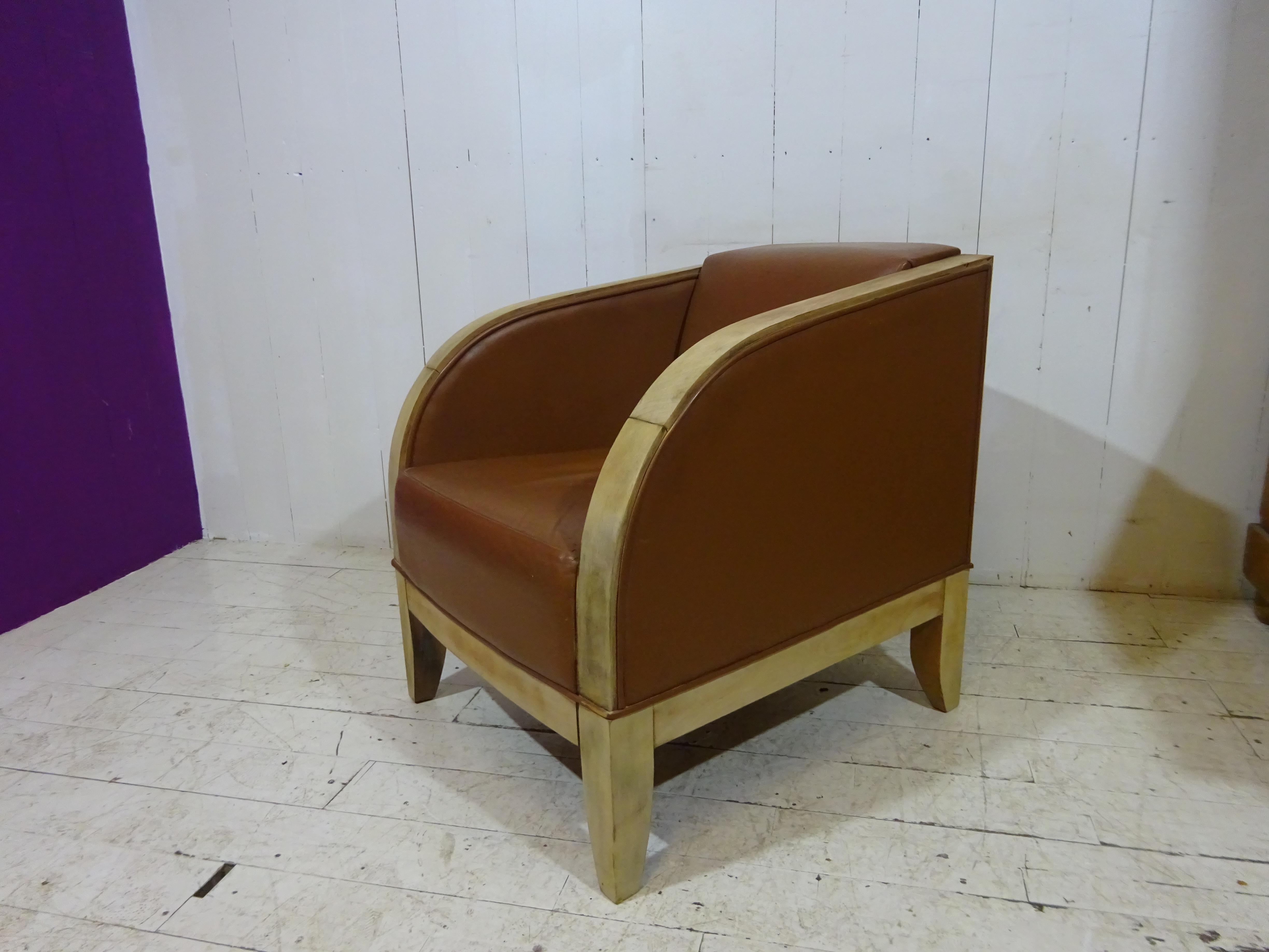 Art Deco Inspired Tan Leather Lounge Chair In Distressed Condition For Sale In Tarleton, GB