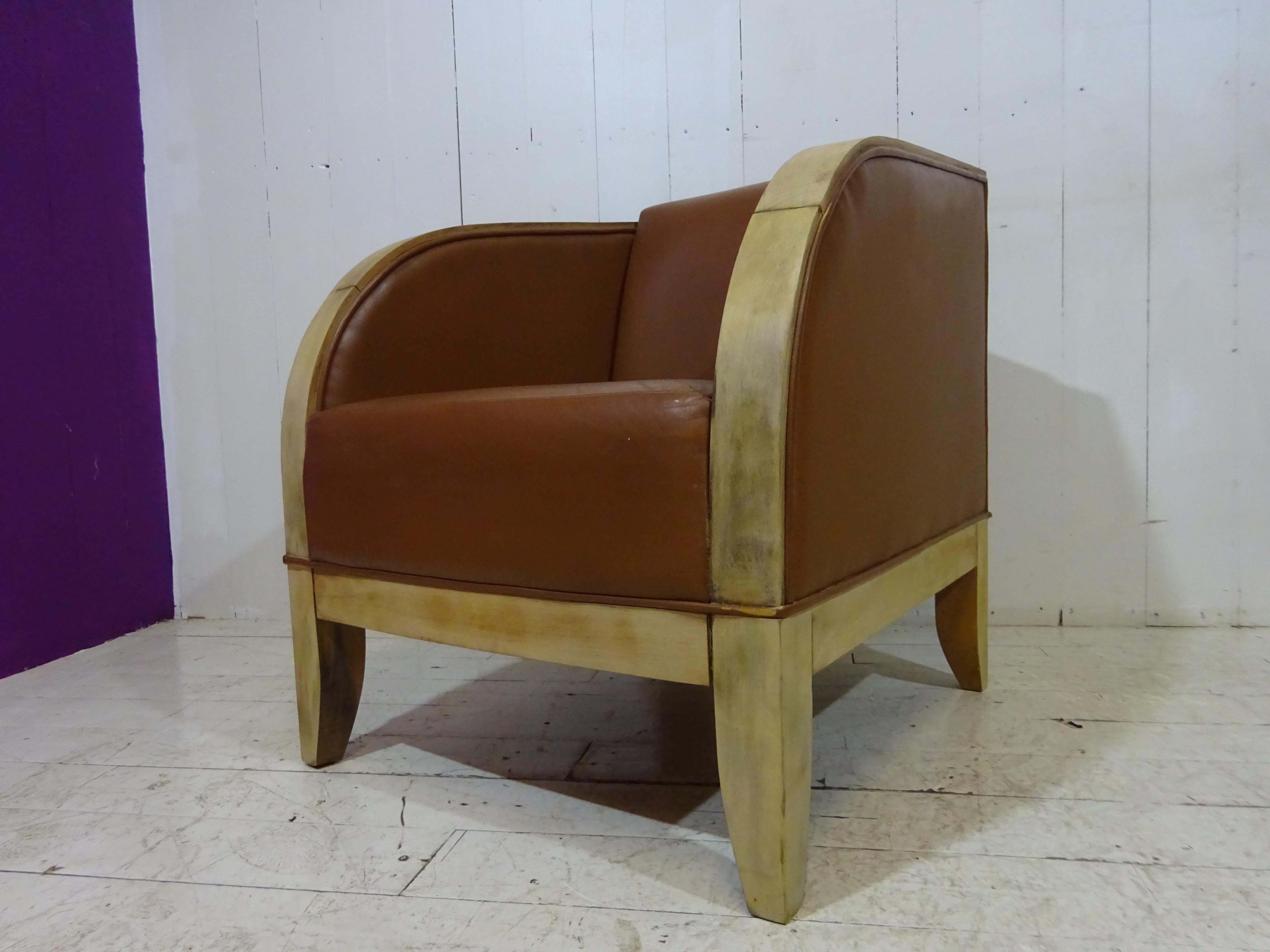 Art Deco Inspired Tan Leather Lounge Chair For Sale 2