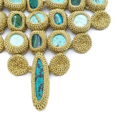 Gold Color Thread Turquoise Green Blue Natural Stones Art Deco Fashion Necklace