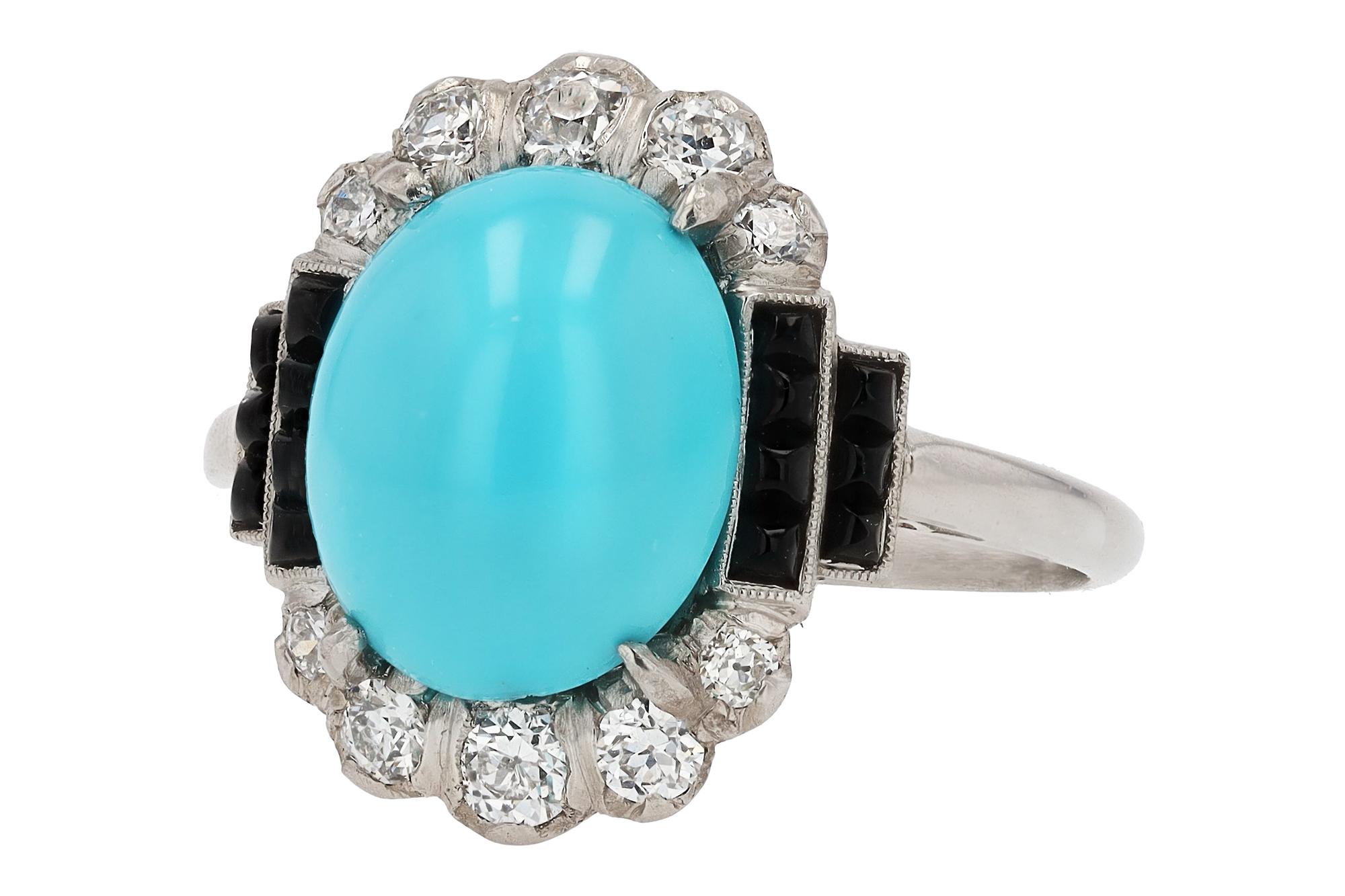 Cabochon Art Deco Inspired Turquoise, Onyx and Diamond Cocktail Ring For Sale