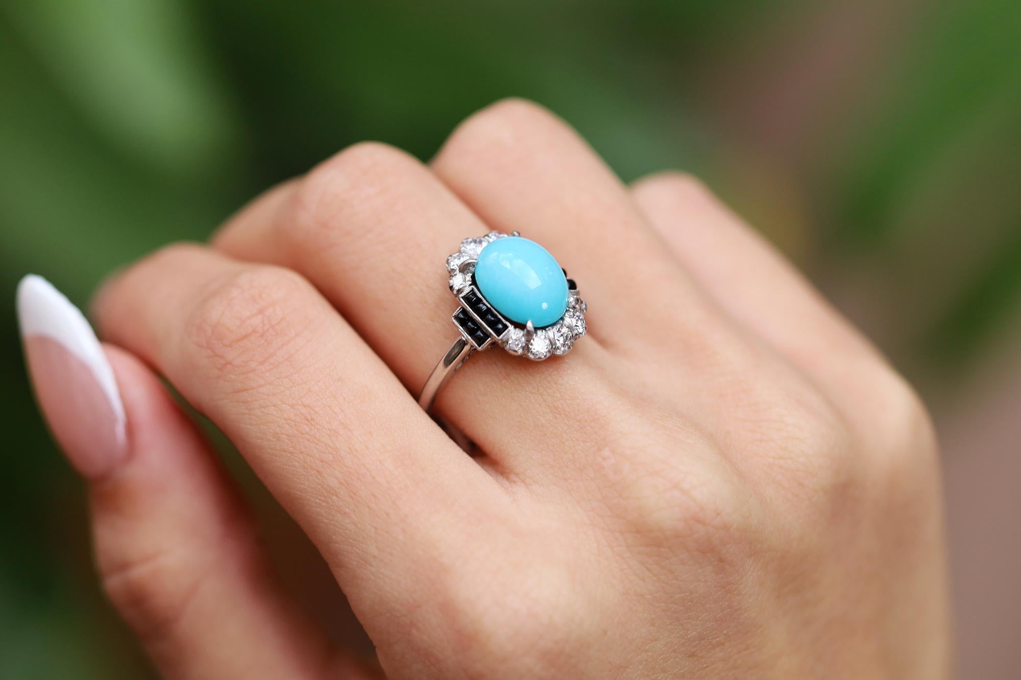 Art Deco Inspired Turquoise, Onyx and Diamond Cocktail Ring In New Condition For Sale In Santa Barbara, CA