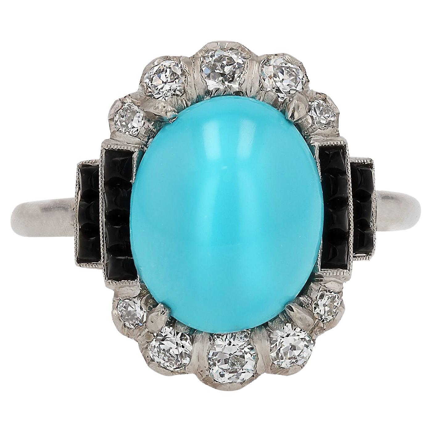 Art Deco Inspired Turquoise, Onyx and Diamond Cocktail Ring For Sale