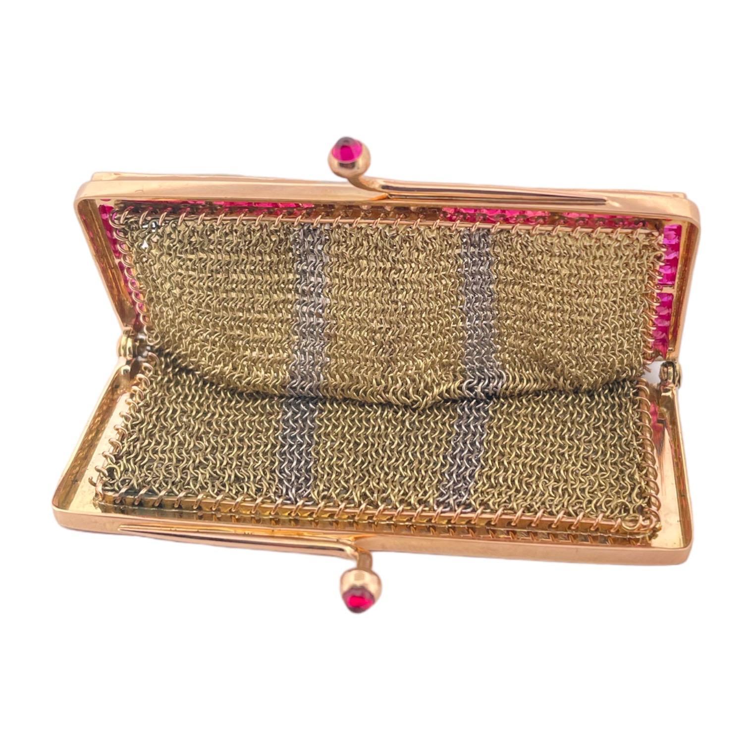 Art Deco-Inspired Two-Tone 18K Gold Purse with Diamonds and French Cut Rubies In Good Condition In New York, NY