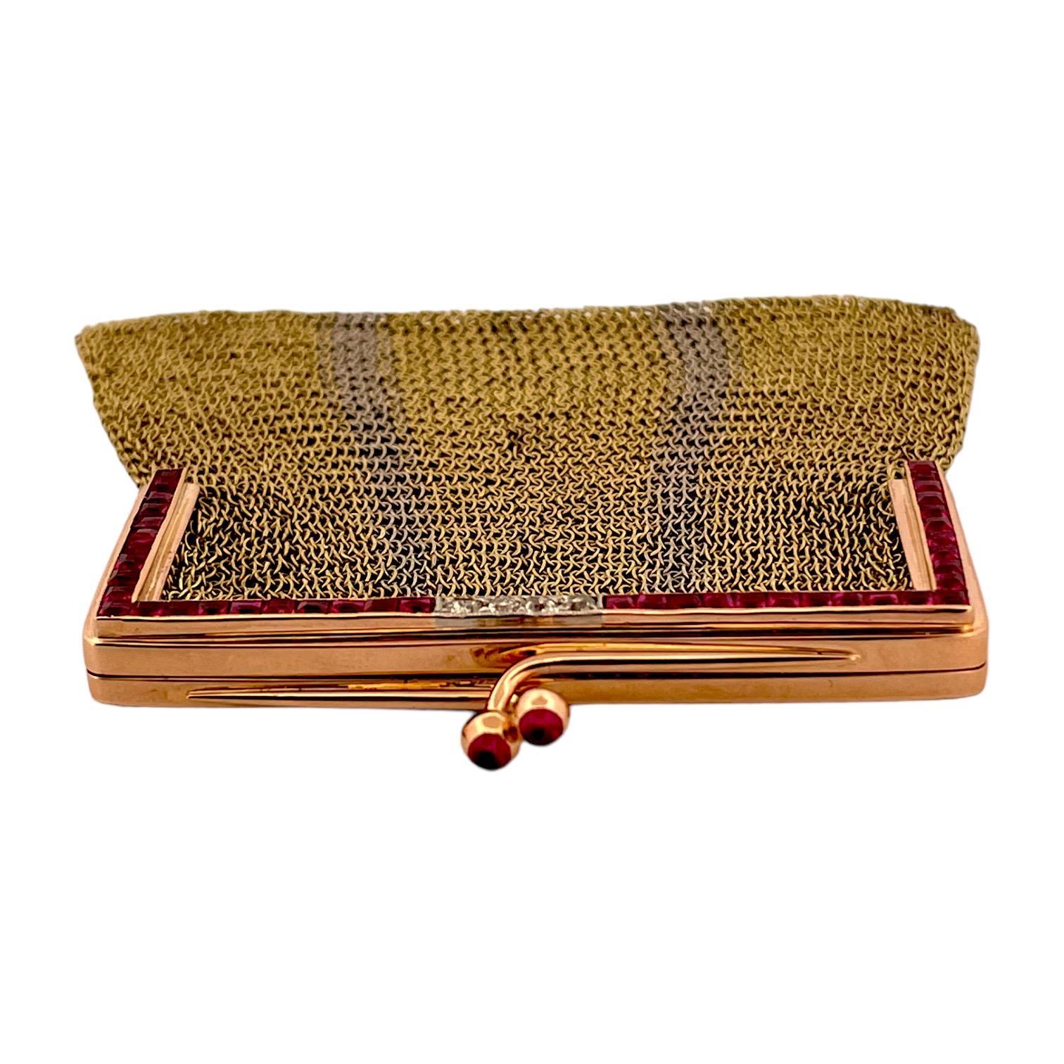 Women's or Men's Art Deco-Inspired Two-Tone 18K Gold Purse with Diamonds and French Cut Rubies