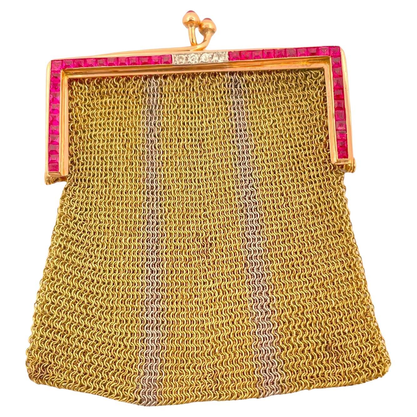 Art Deco-Inspired Two-Tone 18K Gold Purse with Diamonds and French Cut Rubies