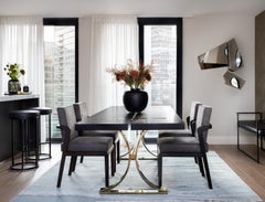 Art Deco Inspired Vesta Dining Table in Antique Brass Tint  &Wood Veneer Surface
