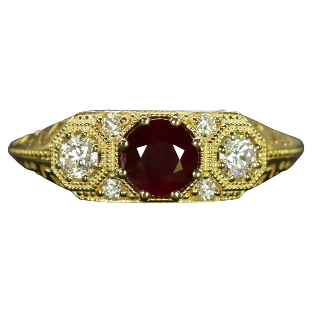 Art Deco Inspired Vintage-Style Ruby & Diamond 3-Stone Ring in Yellow Gold