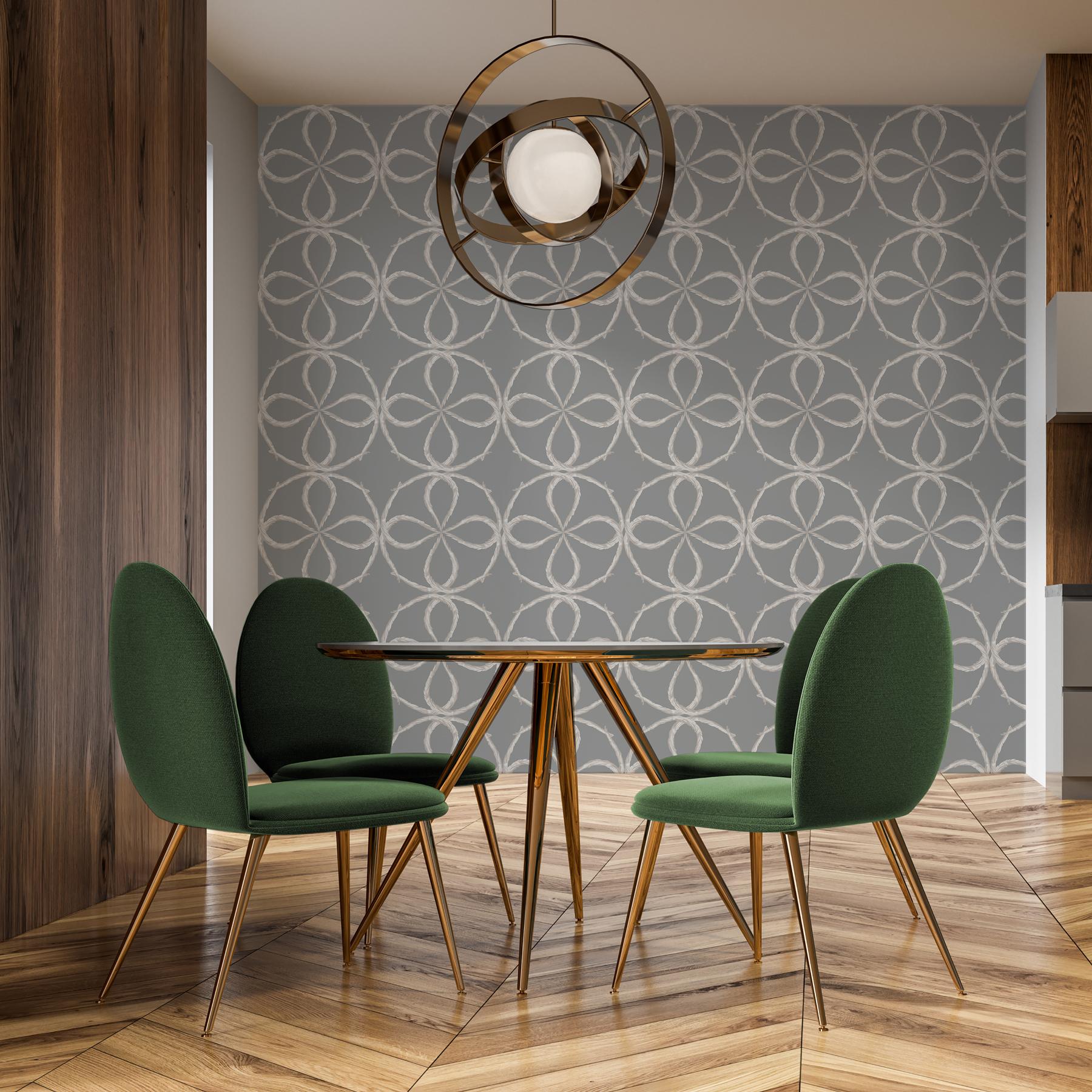 British Art Deco Inspired White & Grey Wallpaper: Quatrefoil Fog For Sale