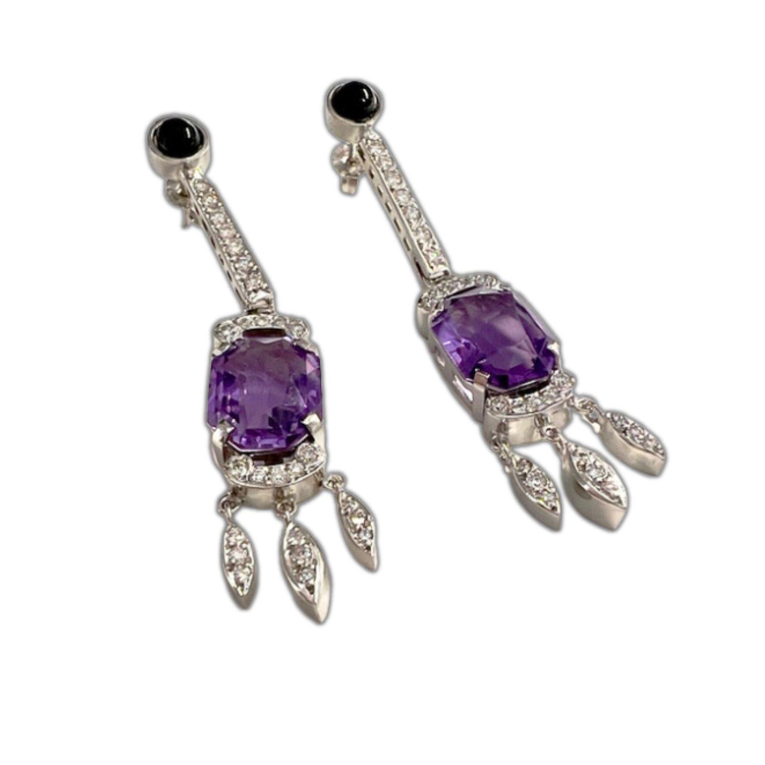 Women's Art Deco-Inspired with Diamonds, Onyx, and Amethysts white Gold Earrings For Sale