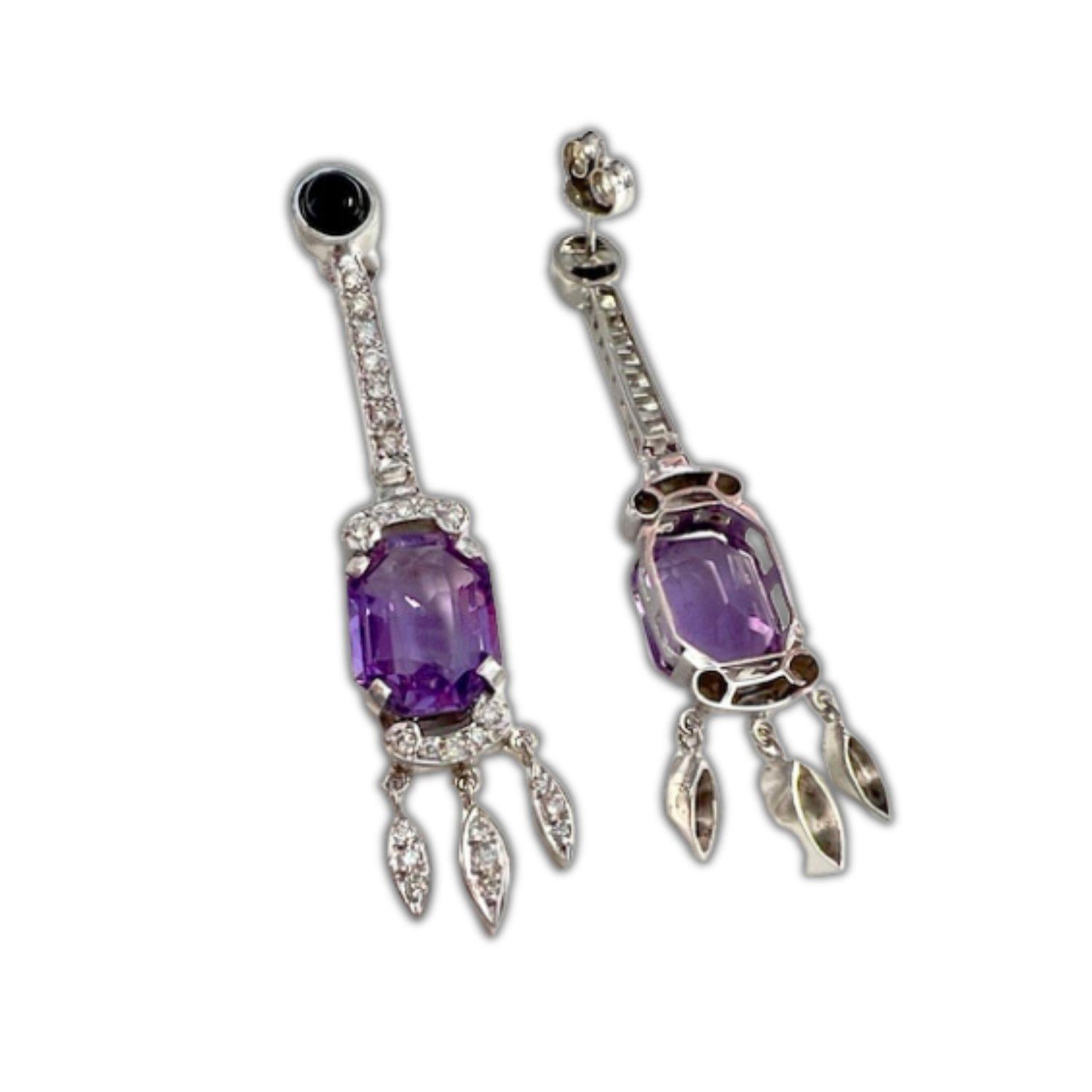Art Deco-Inspired with Diamonds, Onyx, and Amethysts white Gold Earrings For Sale 1