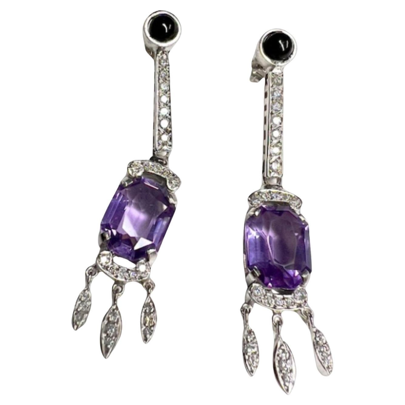 Art Deco-Inspired with Diamonds, Onyx, and Amethysts white Gold Earrings For Sale