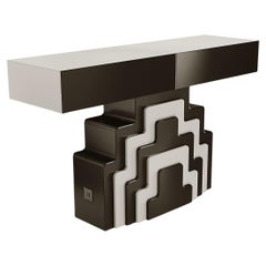 Tavolo consolle in legno di ispirazione Art Deco laccato bianco e nero a due cassetti