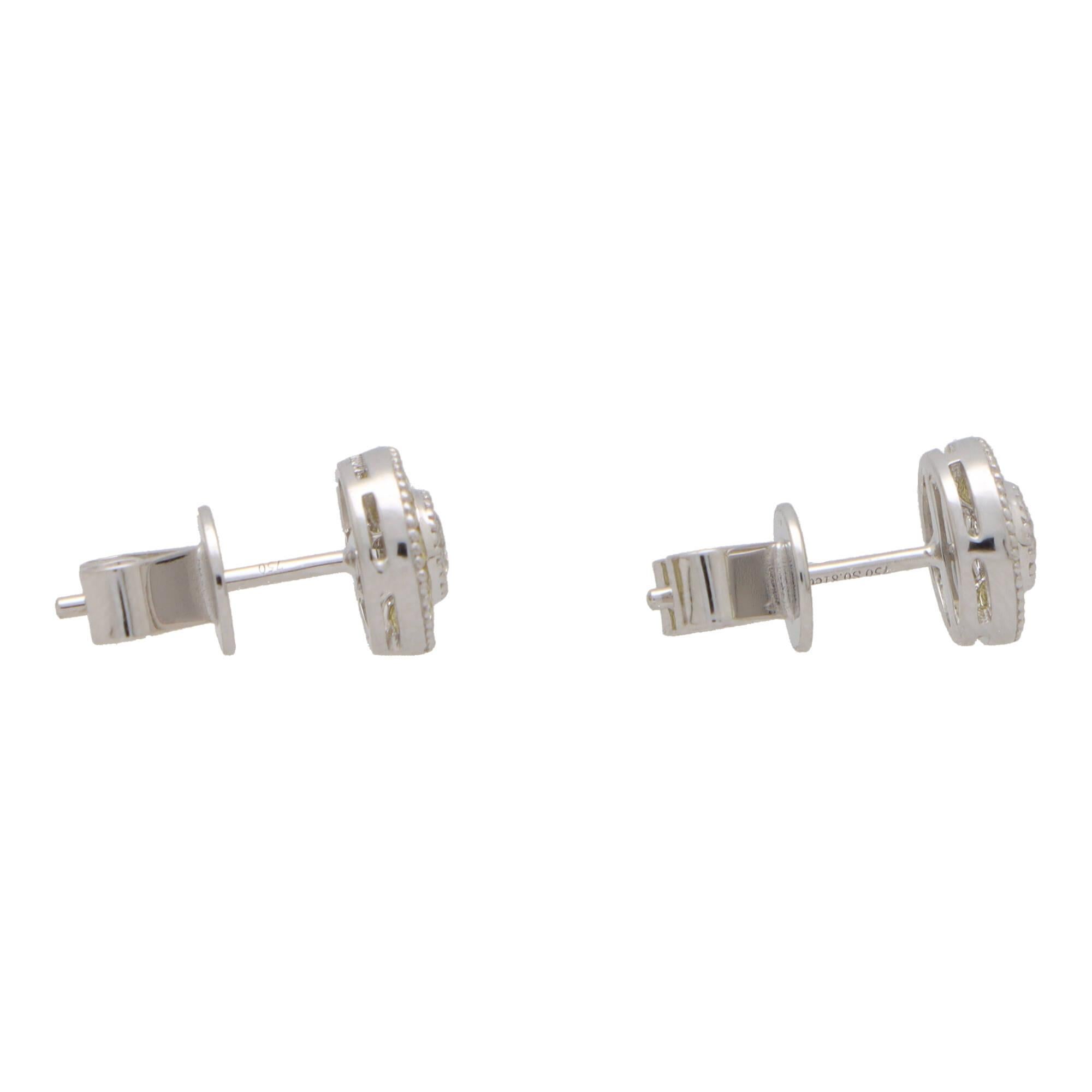 Round Cut Art Deco Inspired Yellow Sapphire and Diamond Target Stud Earrings in White Gold