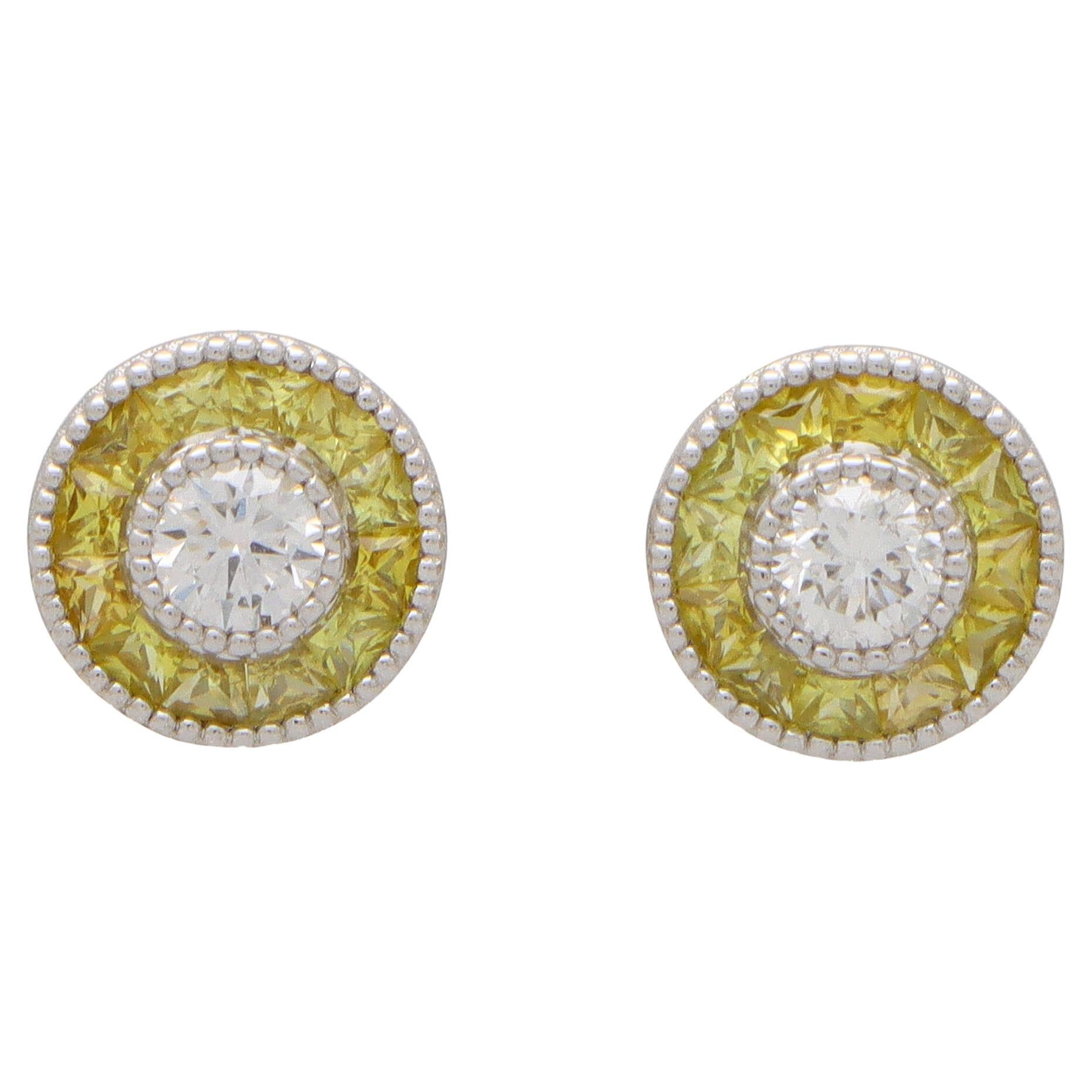 Art Deco Inspired Yellow Sapphire and Diamond Target Stud Earrings in White  Gold For Sale at 1stDibs | target diamond earrings