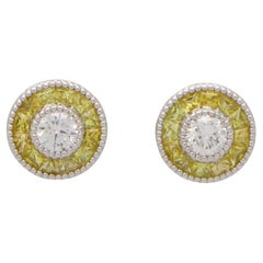 Art Deco Inspired Yellow Sapphire and Diamond Target Stud Earrings in White Gold