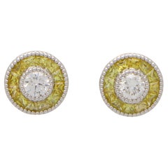 Art Deco Inspired Yellow Sapphire and Diamond Target Stud Earrings in White Gold