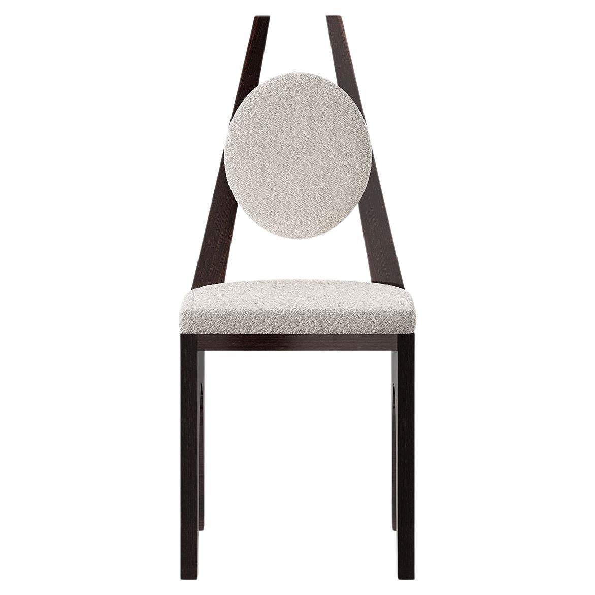 Art Deco Inspo Dining Chair Brutalist Wood Structure, White Boucle Seat & Back