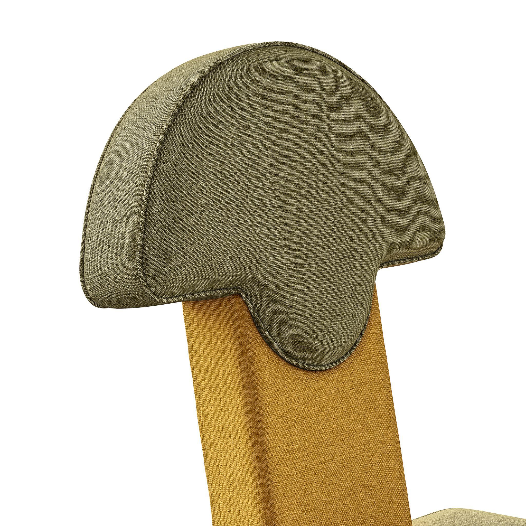 Portuguese Art Deco Inspo Dining Chair Full Upholstered Dry Green & Yellow Round Backrest For Sale
