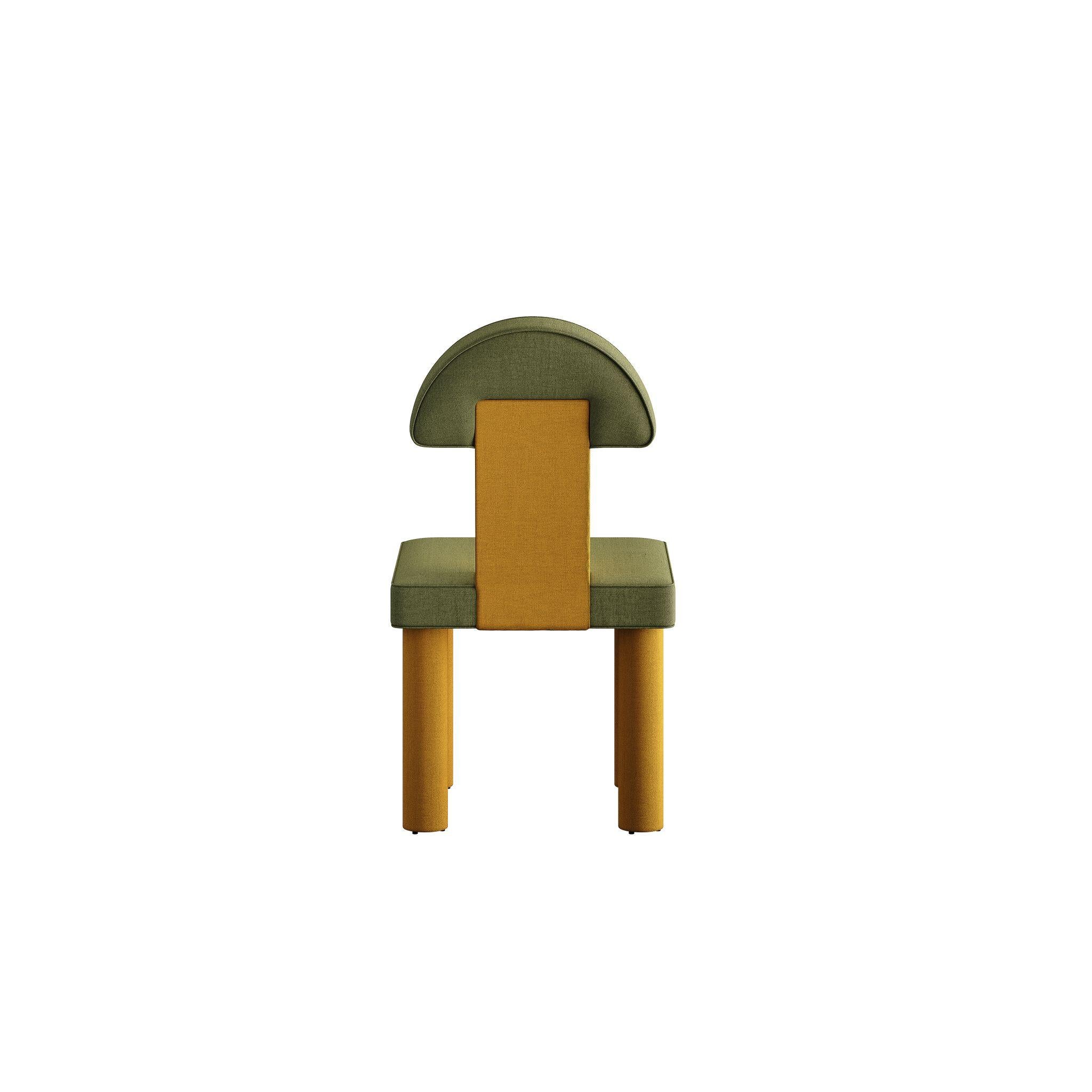 Contemporary Art Deco Inspo Dining Chair Full Upholstered Dry Green & Yellow Round Backrest For Sale