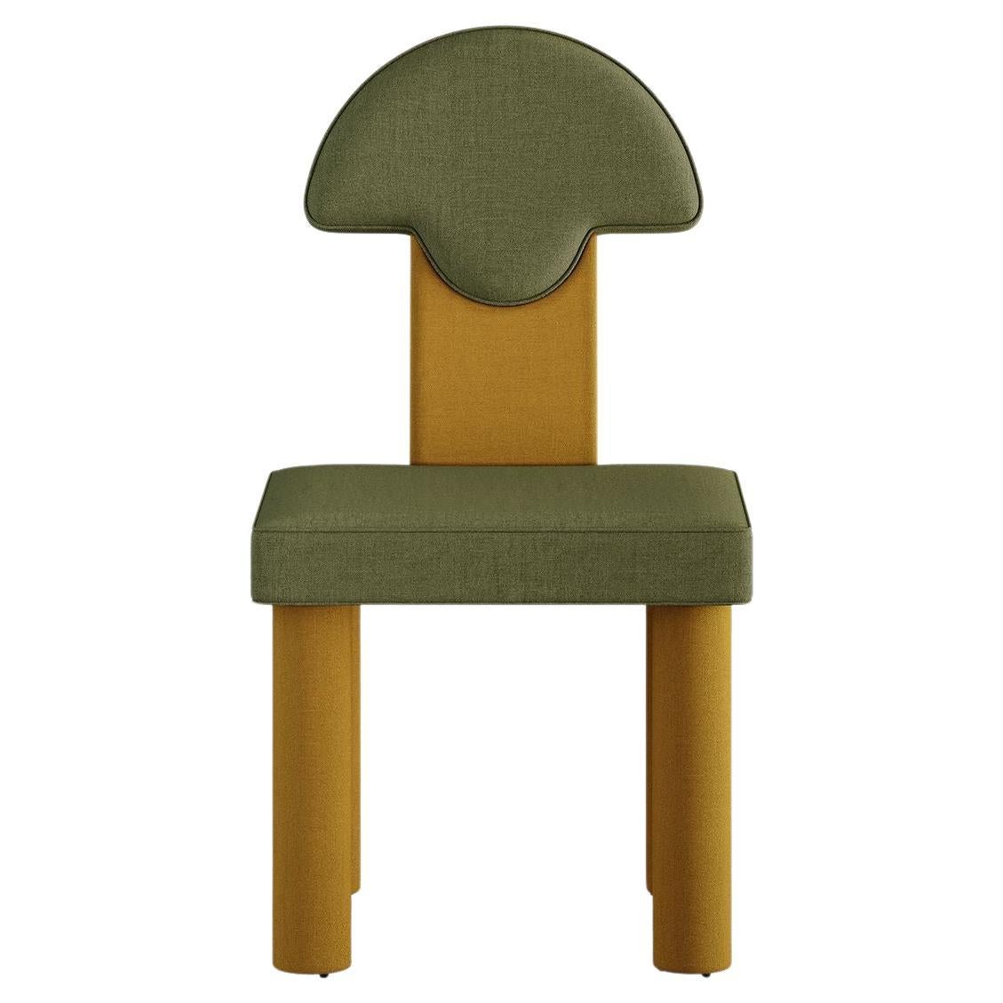 Art Deco Inspo Dining Chair Full Upholstered Dry Green & Yellow Round Backrest For Sale