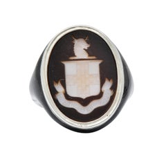 Art Deco Intaglio Agate Enamel Platinum Signet Unisex Ring