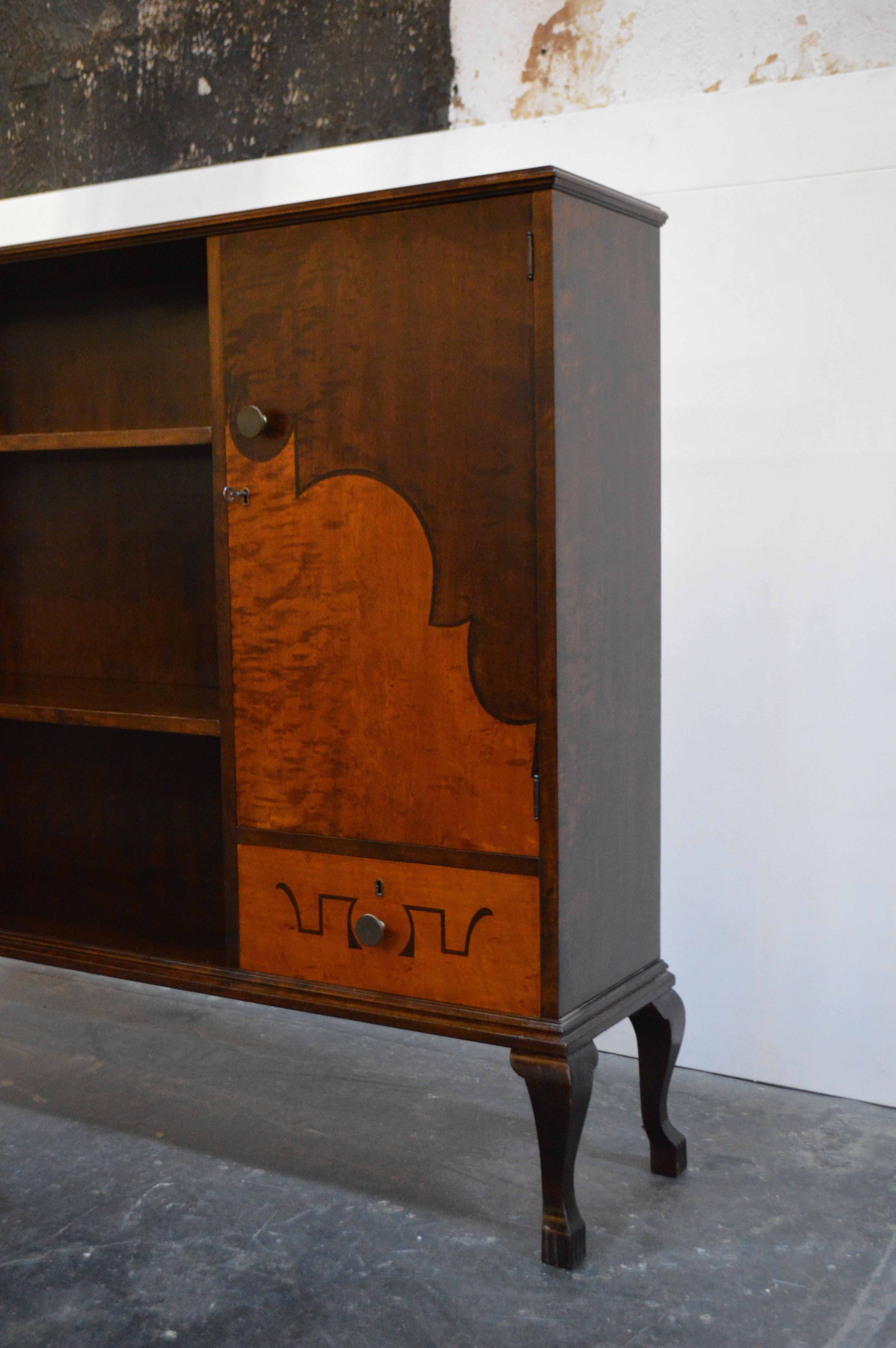 20th Century Art Deco Intarsia Dark and Golden Flame Birch Bookcase Cabinet