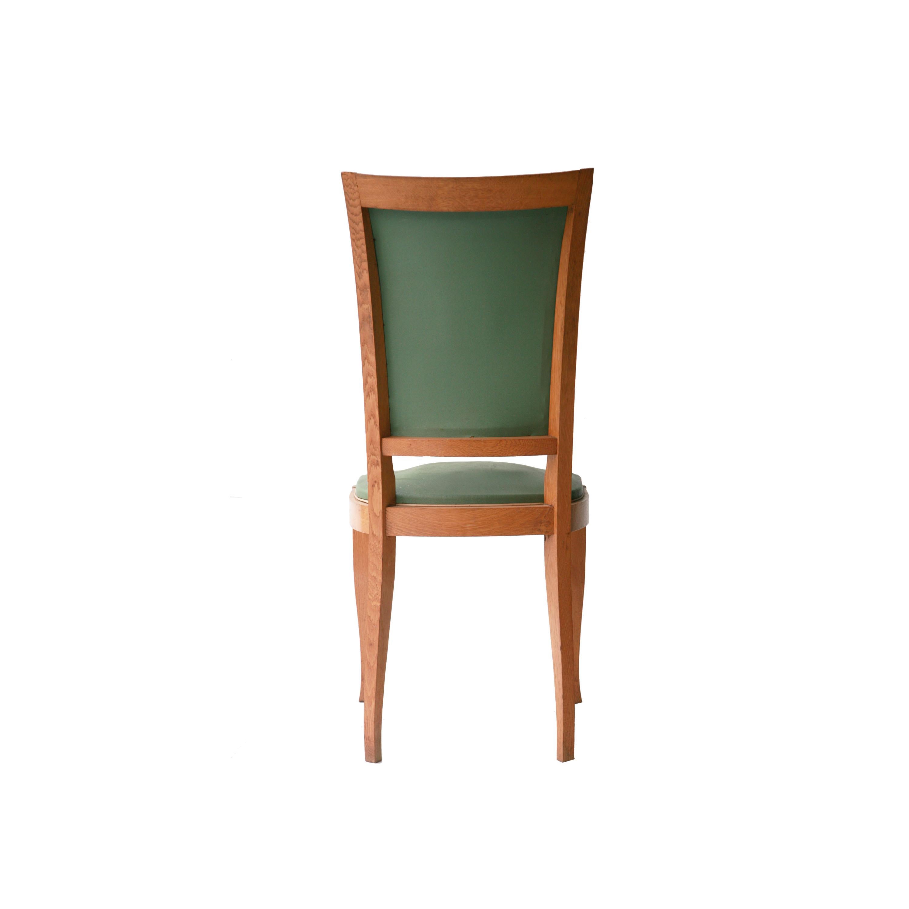 Mid-20th Century Art Deco Interwar Green Leatherette Wood Set of Six French Chairs, France, 1940 For Sale