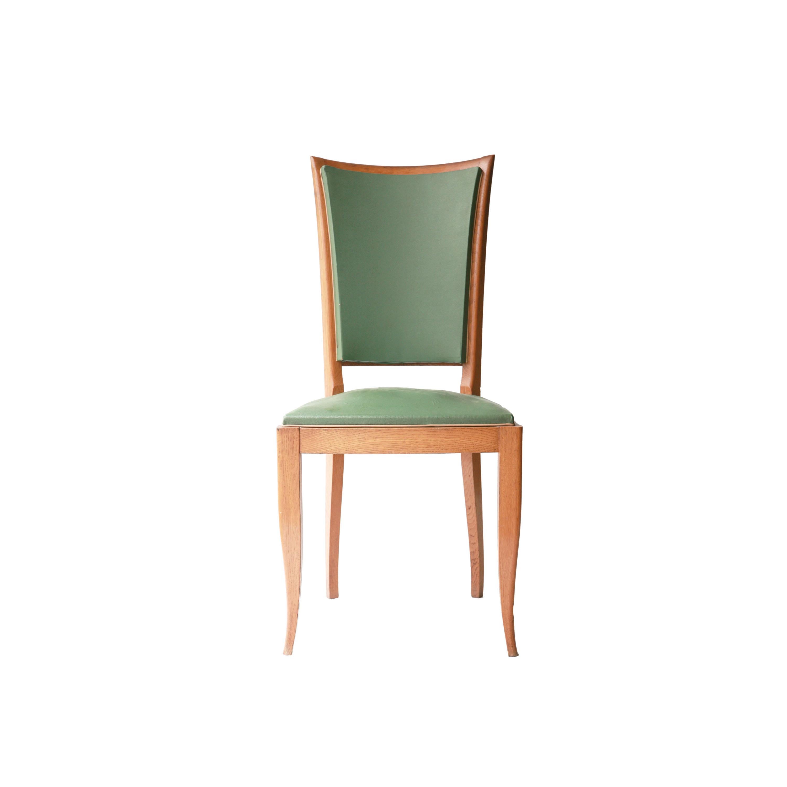 Art Deco Interwar Green Leatherette Wood Set of Six French Chairs, France, 1940 For Sale 1