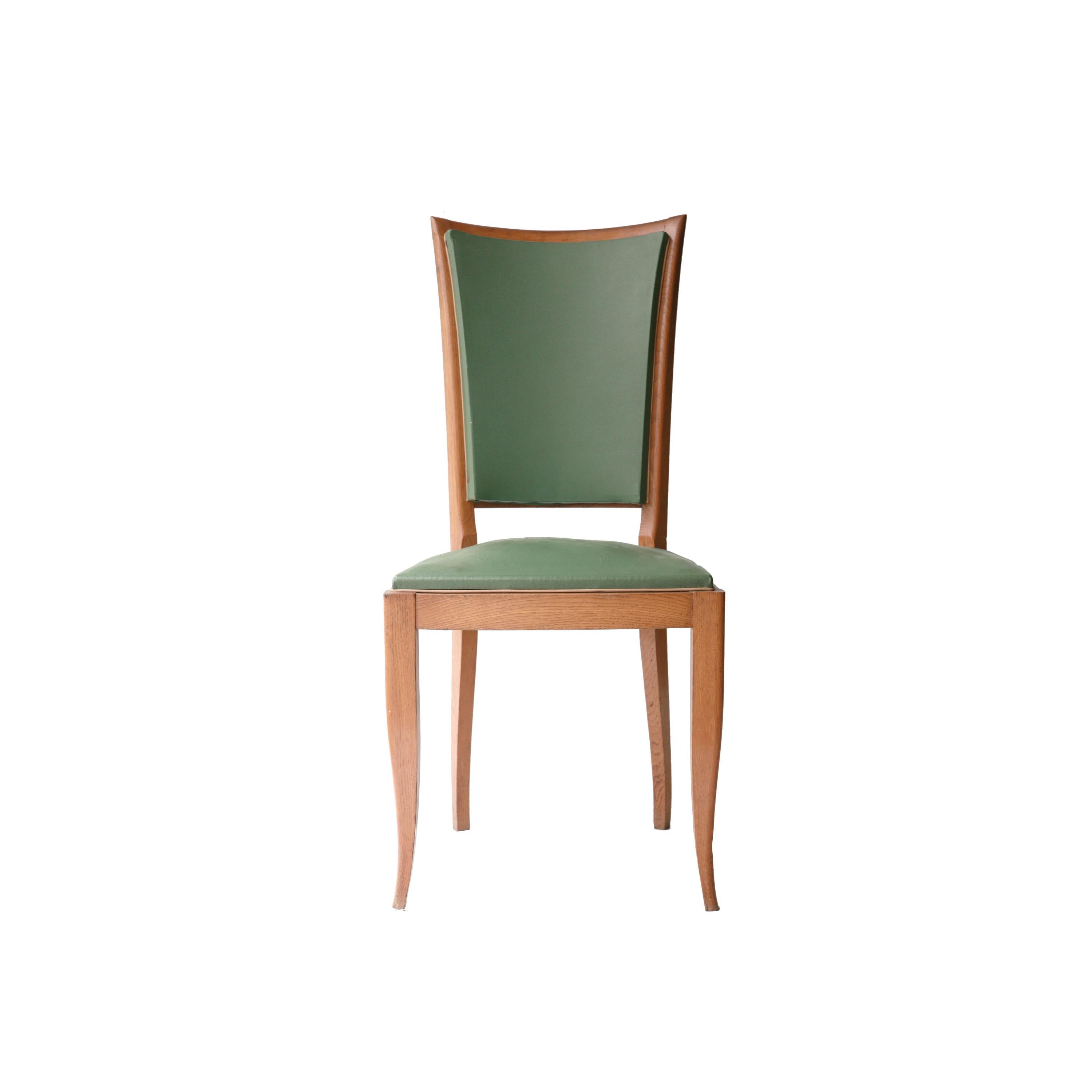 Art Deco Interwar Green Leatherette Wood Set of Six French Chairs, France, 1940 For Sale 2