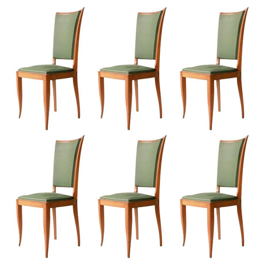 Art Deco Interwar Green Leatherette Wood Set of Six French Chairs, France, 1940 For Sale