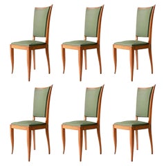 Art Deco Interwar Green Leatherette Wood Set of Six French Chairs, France, 1940
