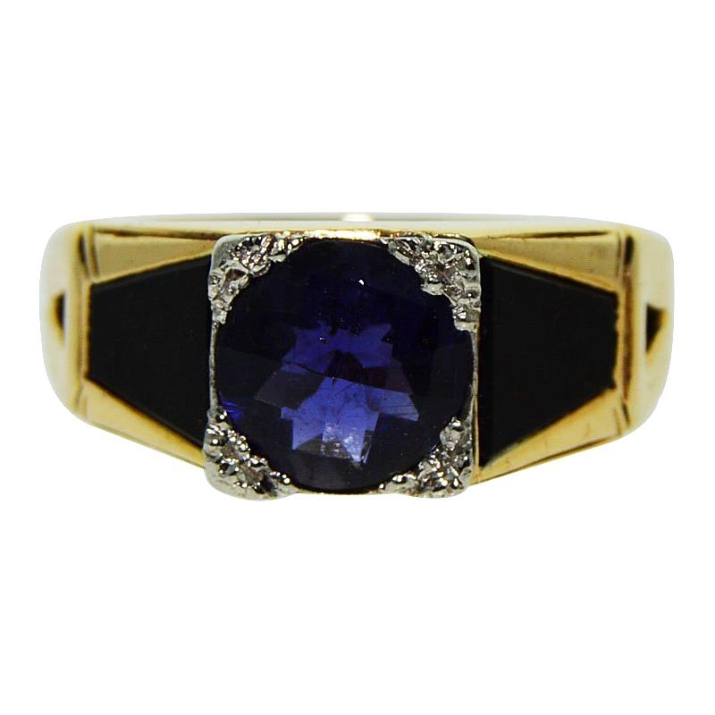 Art Deco Iolite Black Onyx 14 Karat Yellow Gold Ring