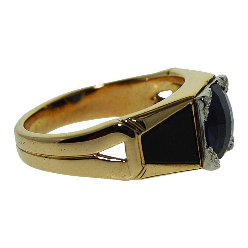 Round Cut Art Deco Iolite Black Onyx 14 Karat Yellow Gold Ring
