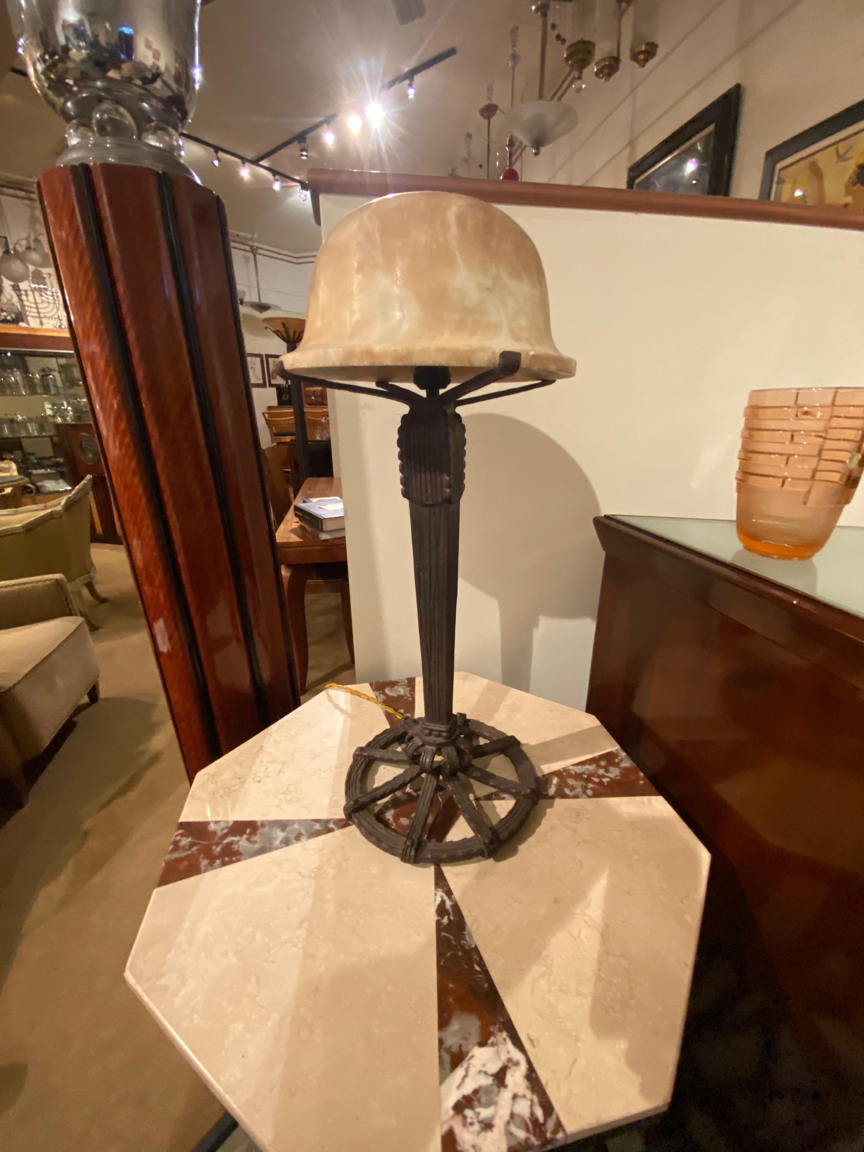 Art Deco Iron and Alabaster Table Lamp Pair In Good Condition For Sale In Oakland, CA