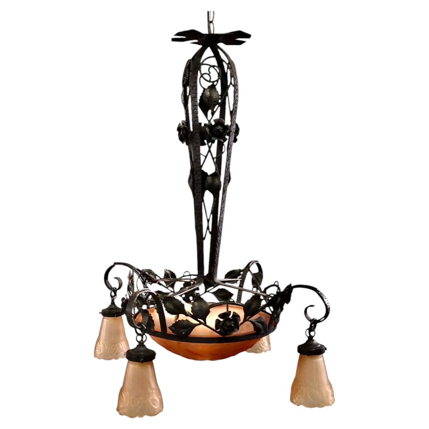 Art Deco Iron and Glass Chandelier, Attributed to Mueller Freres For Sale