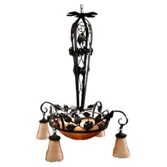 Lampadario Art Déco in ferro e vetro, attribuito a Mueller Freres