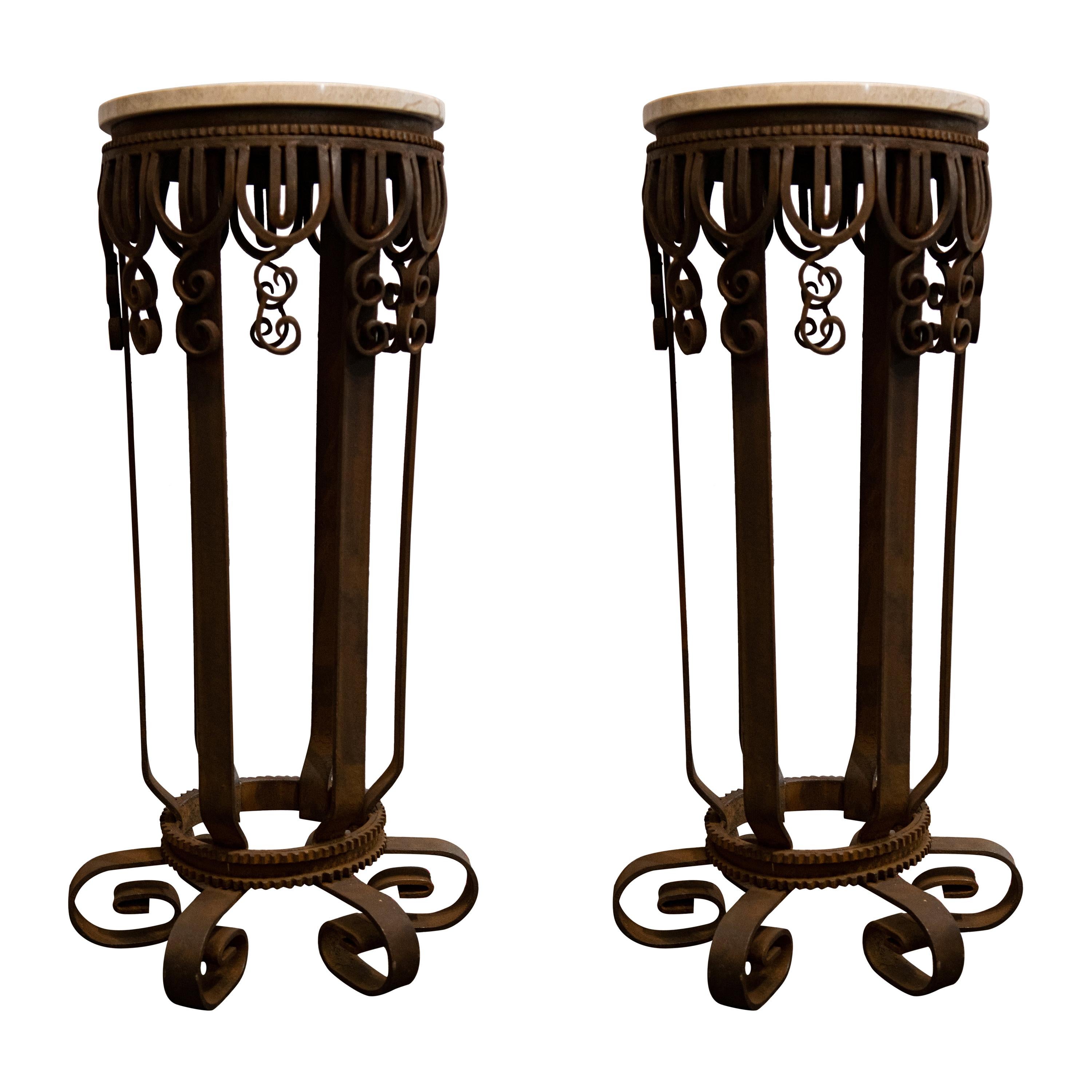 Art Deco Iron and Marble Pair of Columns or Pedestals For Sale