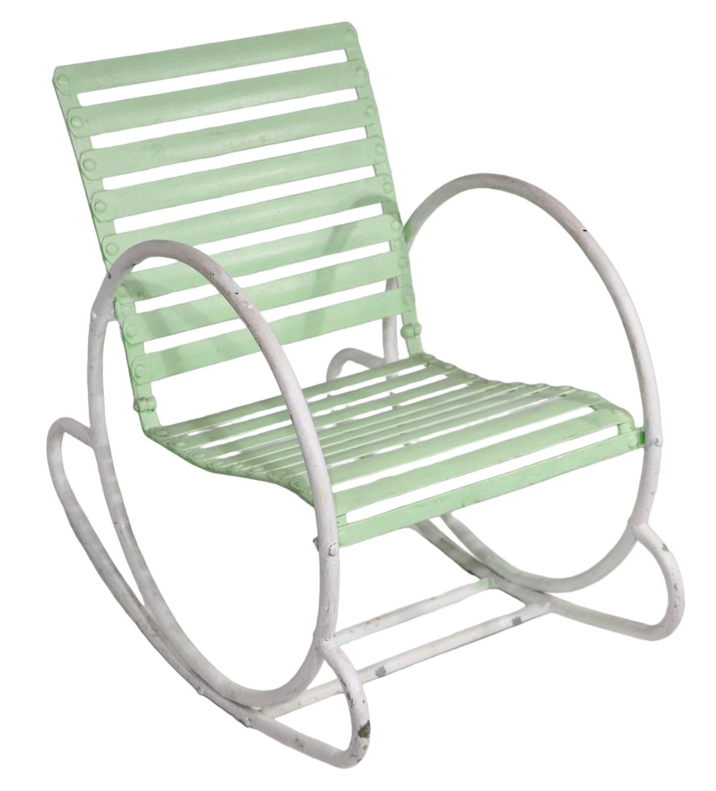 Art Deco Iron and Steel Garden Patio Poolside  Hoop Frame Rocking Chair c 1930's For Sale 6