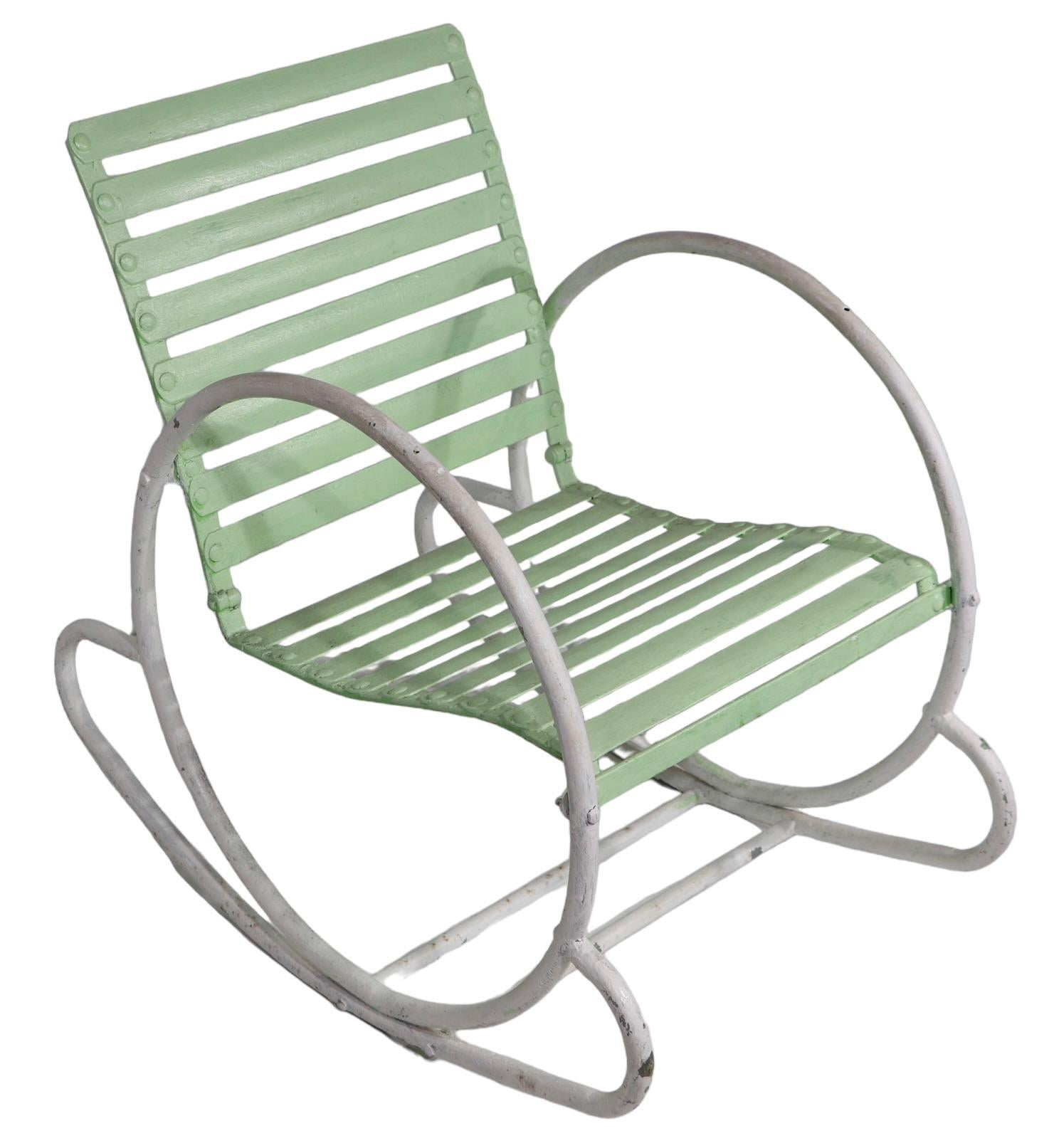 Art Deco Iron and Steel Garden Patio Poolside  Hoop Frame Rocking Chair c 1930's For Sale 7